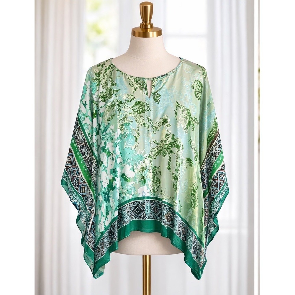 Susan Graver Kimono Top‎ Green Asian Boho Floral Flowy Sheer Oversized Medium